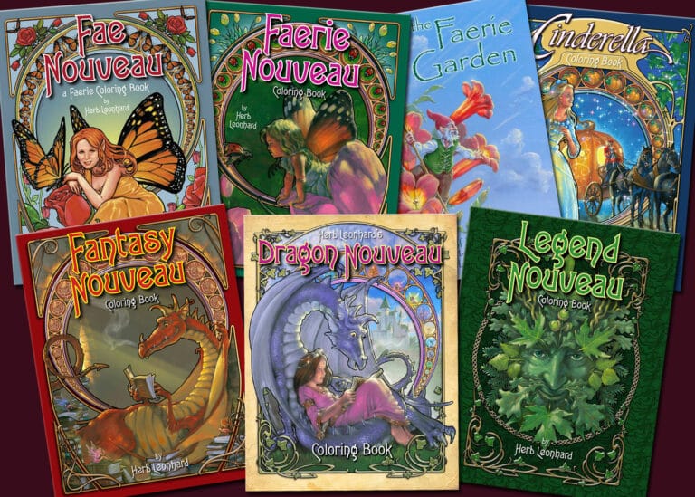 Seven Fairy and Fantasy coloring books in the Art Nouveau style