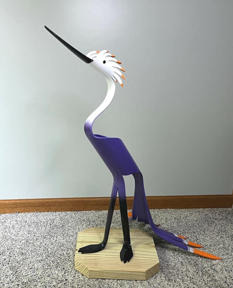 Finished result of the PVC Pipe Fancy Feathers Crane Instant Digital Download Pattern