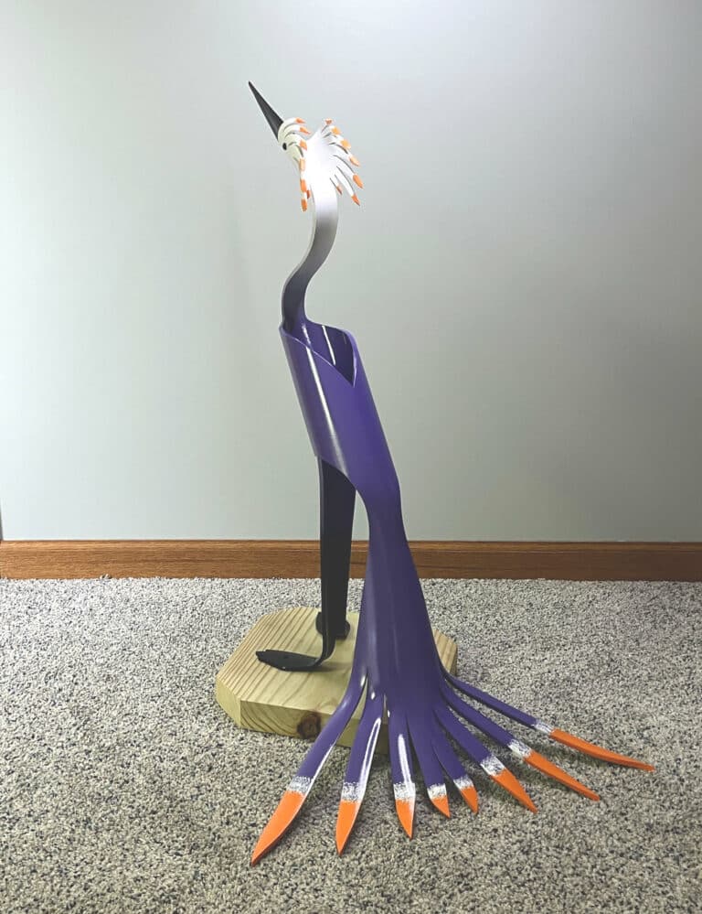 Finished result of the PVC Pipe Fancy Feathers Crane Instant Digital Download Pattern