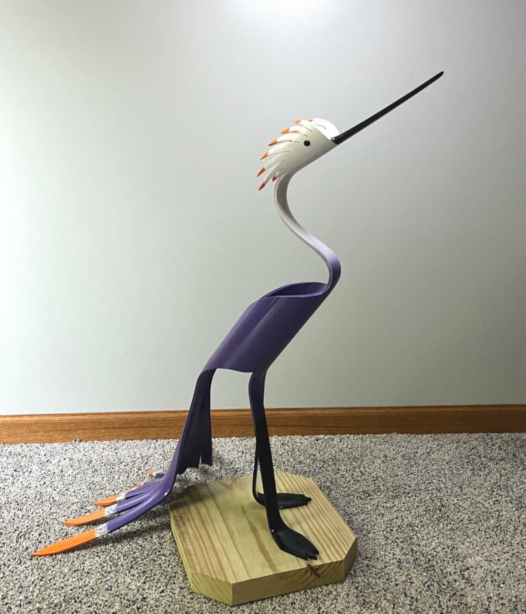 Finished result of the PVC Pipe Fancy Feathers Crane Instant Digital Download Pattern