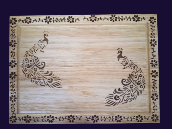 Beech wood cutting board with peacocks and flowers