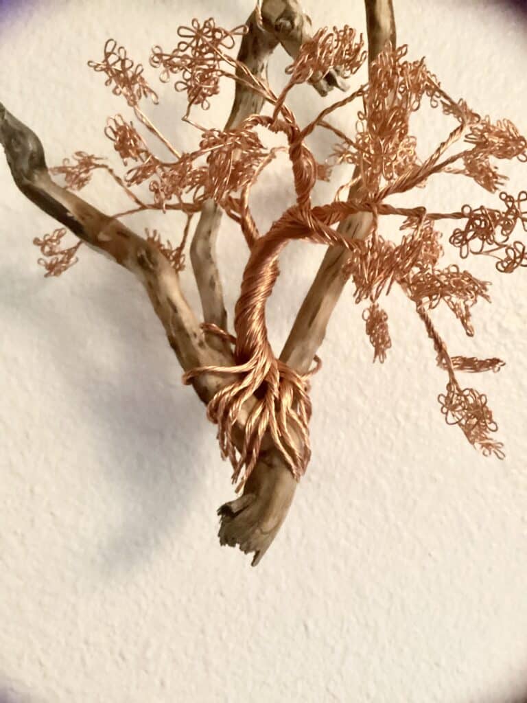 Wire bonsai tree.made from 20g copper colored wire and mounted to,some local Oregon wood,found by the Ump n-qua river. Wire bonsai tree.made from 20g copper colored wire and mounted to,some local Oregon wood,found by the Ump n-qua river.
