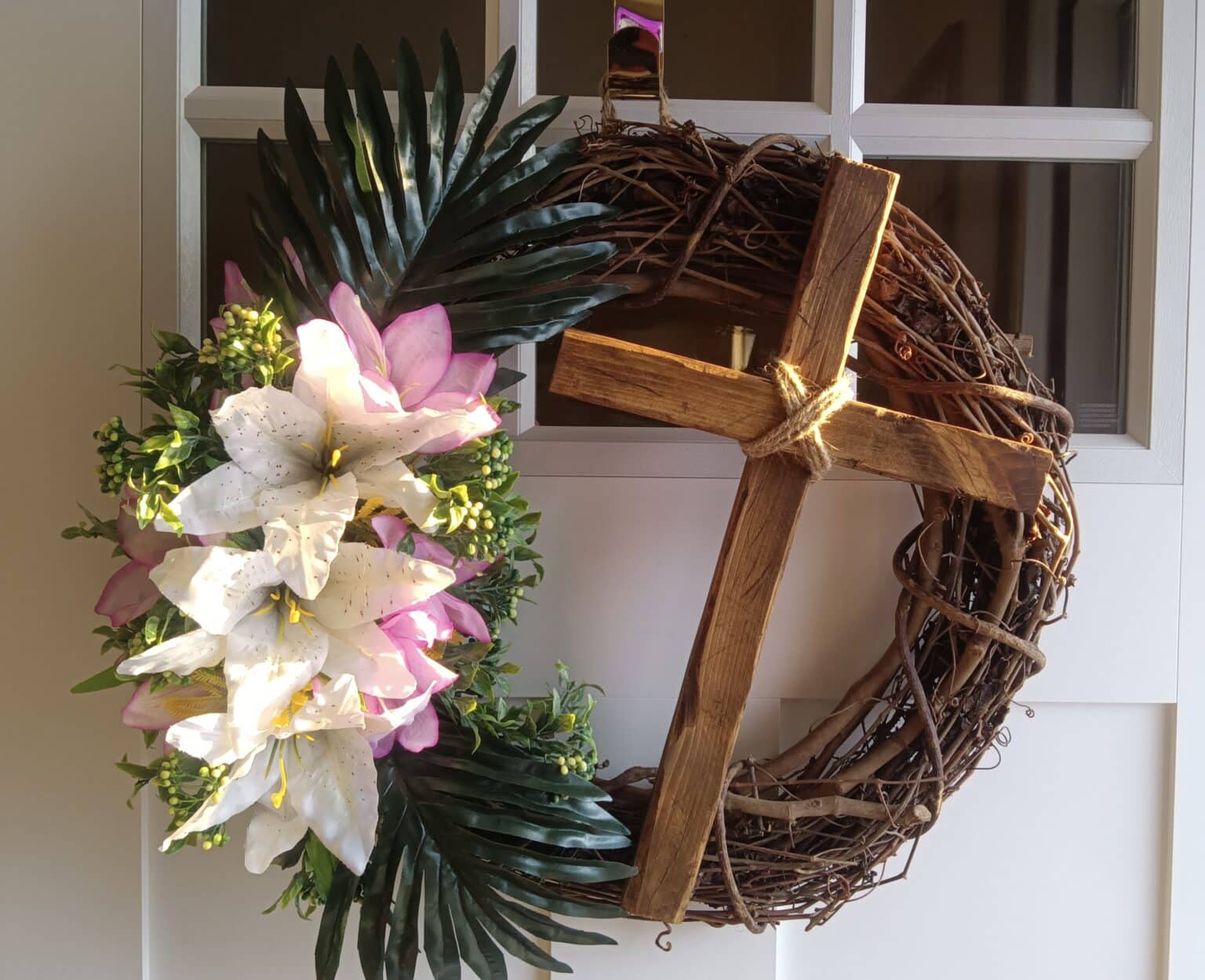 Easter Rugged Cross Easter Rugged Cross Palm And Lily Grapevine Wreath - My Community Made