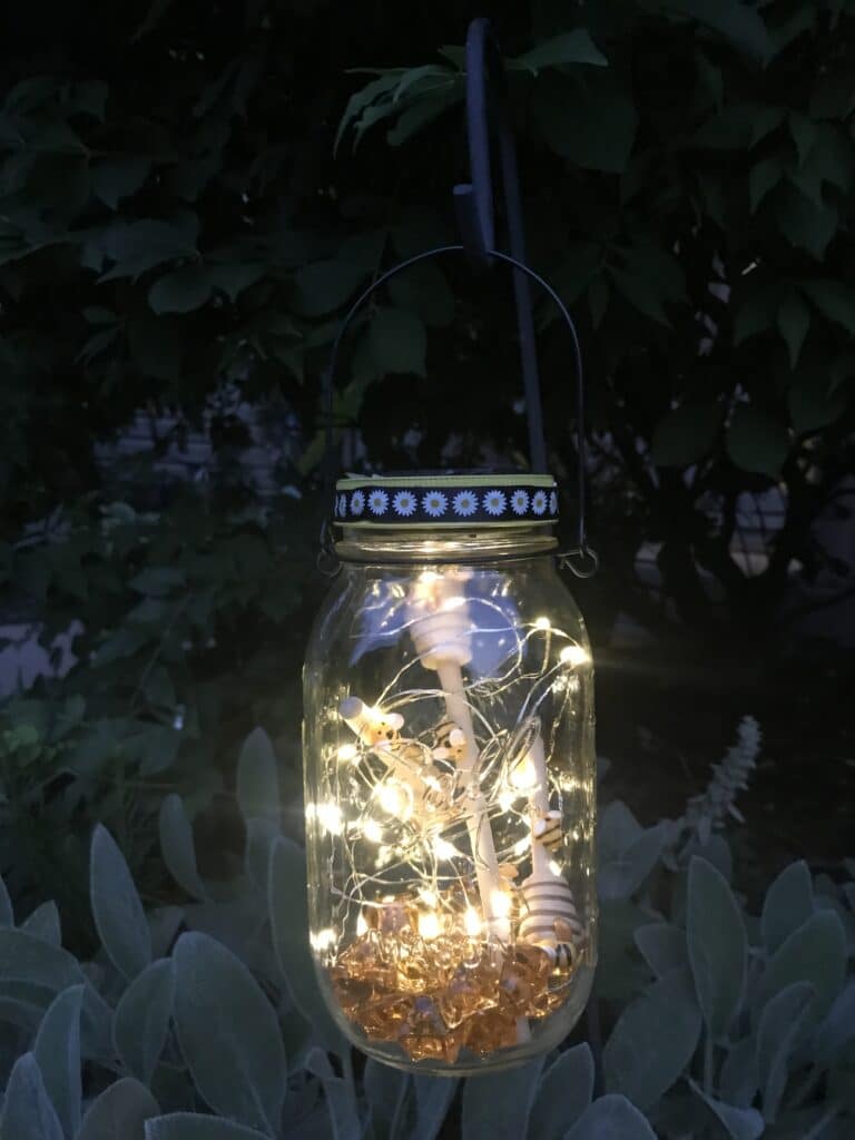 image of hanging honey bee solar lighted mason jar lantern