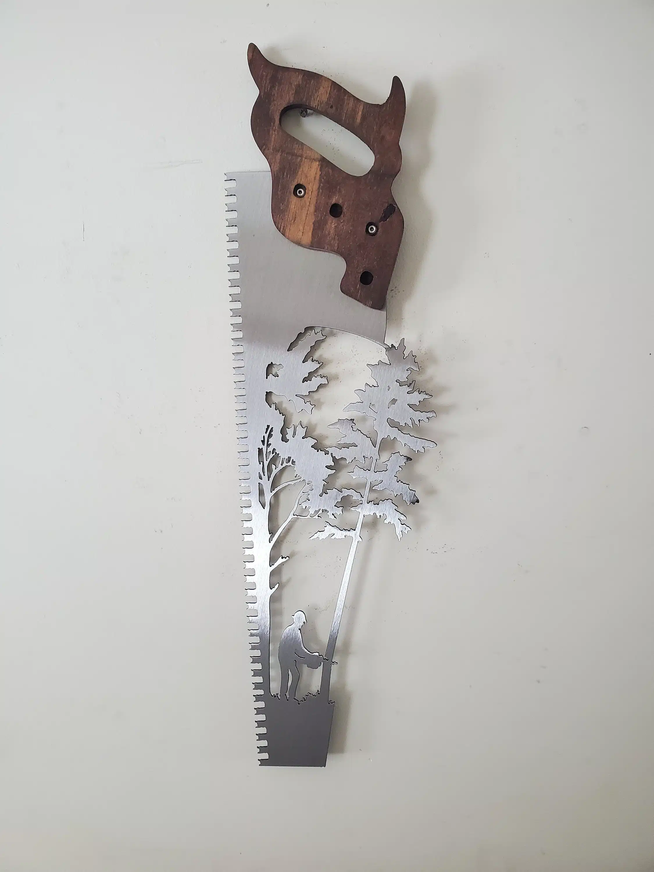 Handsaw with Lumberjack & Trees Sculpture Wall Rustic Wood & Metal