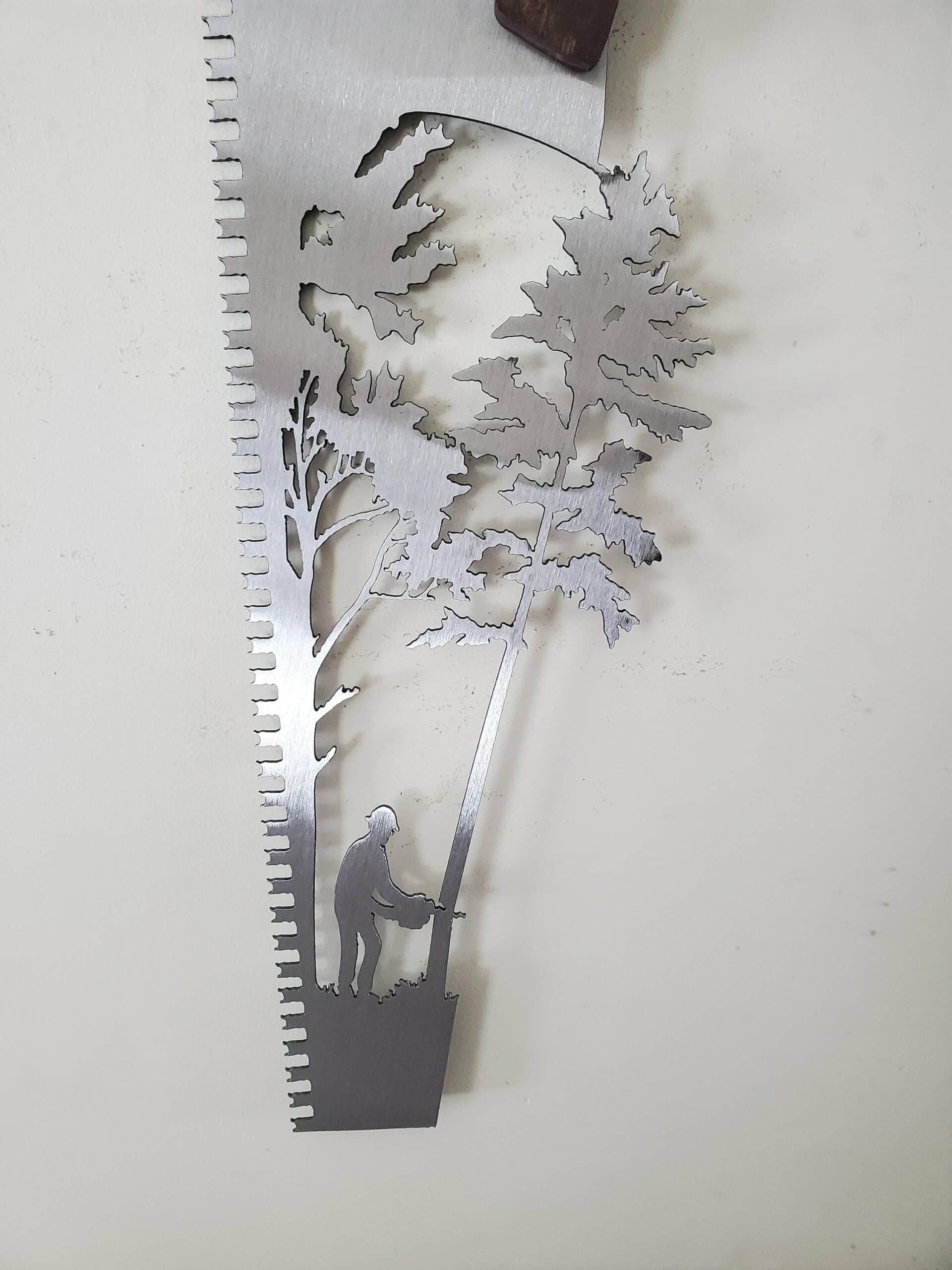 Handsaw with Lumberjack & Trees Sculpture Wall Rustic Wood & Metal