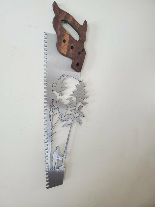 Handsaw with Lumberjack & Trees Sculpture Wall Rustic Wood & Metal