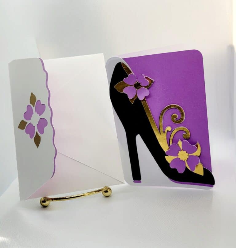 Purple greeting with black high heel