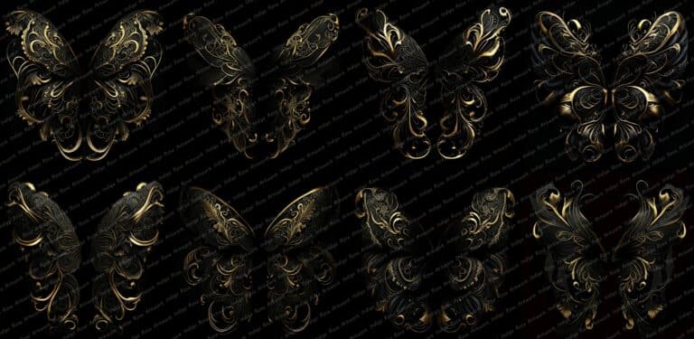 collage of gold filigree fairy wing overlays