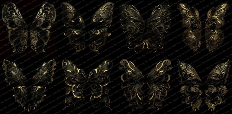 collage of gold filigree fairy wing overlays