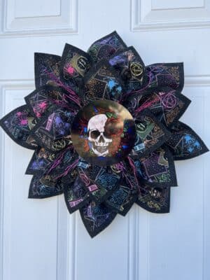 Felt and fabric petal wreath with skull