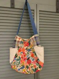 floral tote bag with blue strap