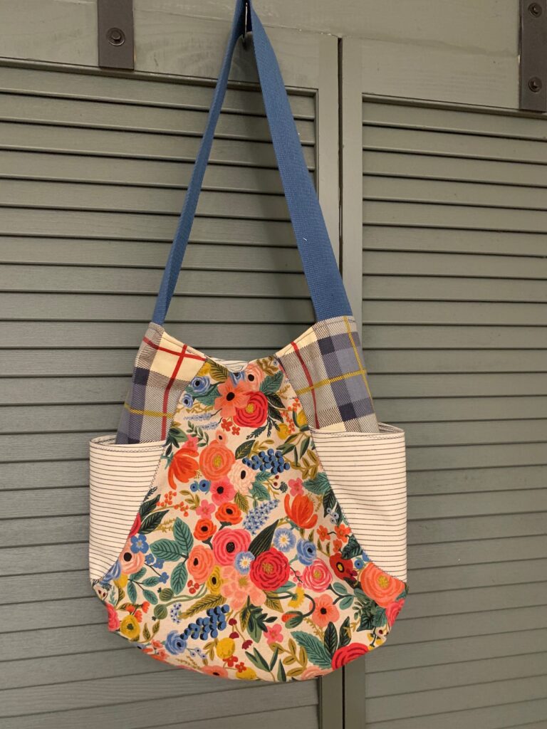 floral tote bag with blue strap