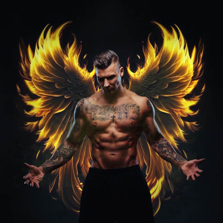 fiery angel wing overlay on model