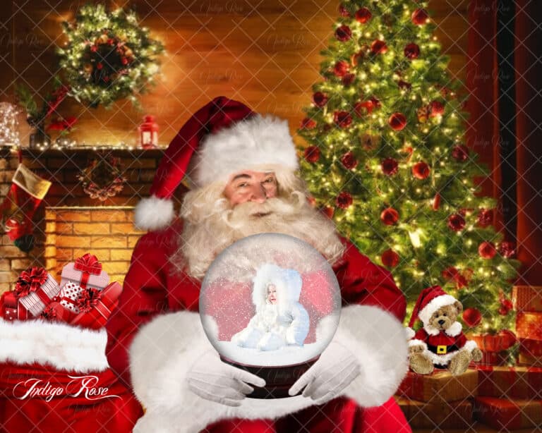 Santa holding snow globe