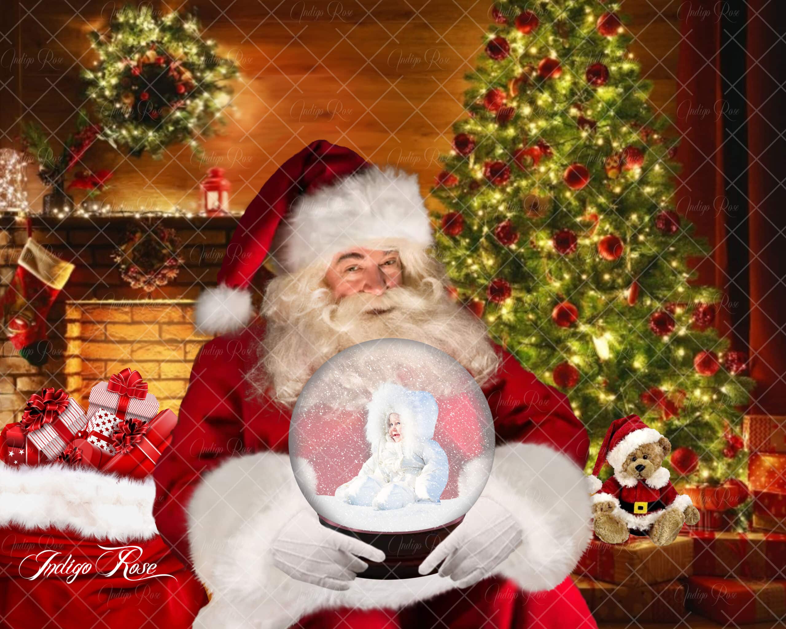 Santa holding snow globe