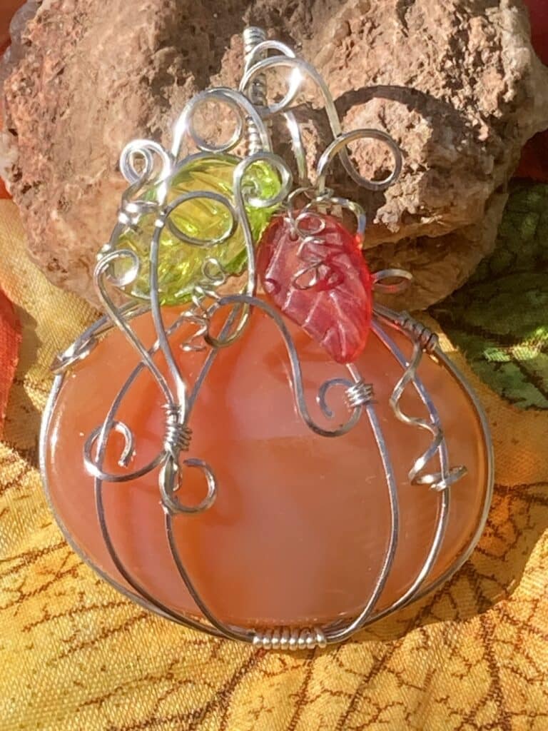 Pumpkin Pendant. Hand wire wrapped in stainless steel. Agate