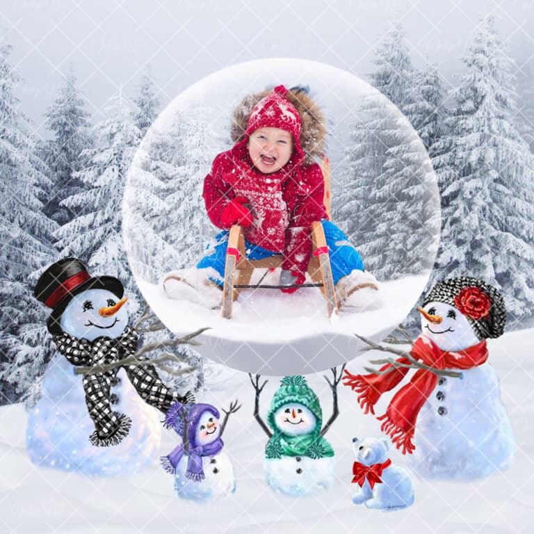 Snowman family with snow globe