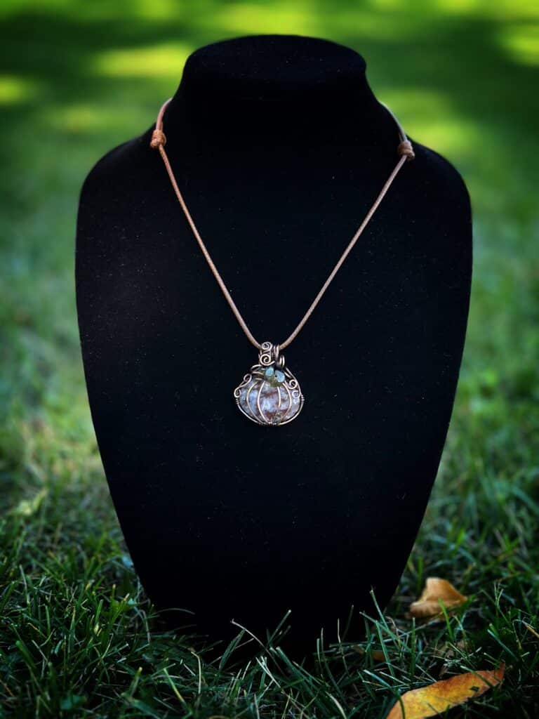 Wire Wrapped Plume Agate Pumpkin Necklace