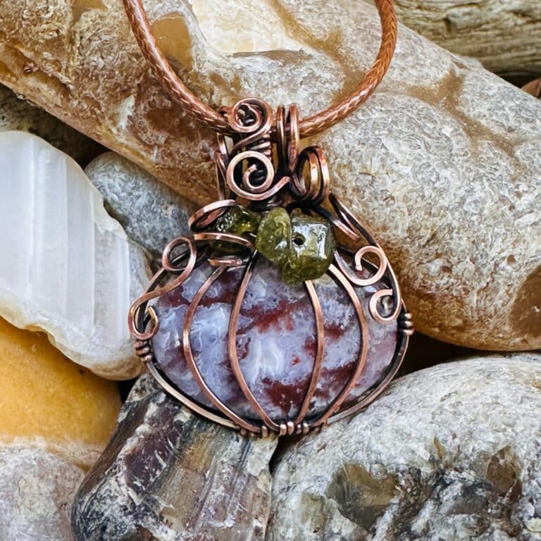 Wire Wrapped Plume Agate Pumpkin Necklace