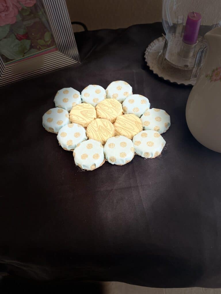 This beautiful handmade light green and yellow trivet is a practical and stylish addition to any kitchen.
