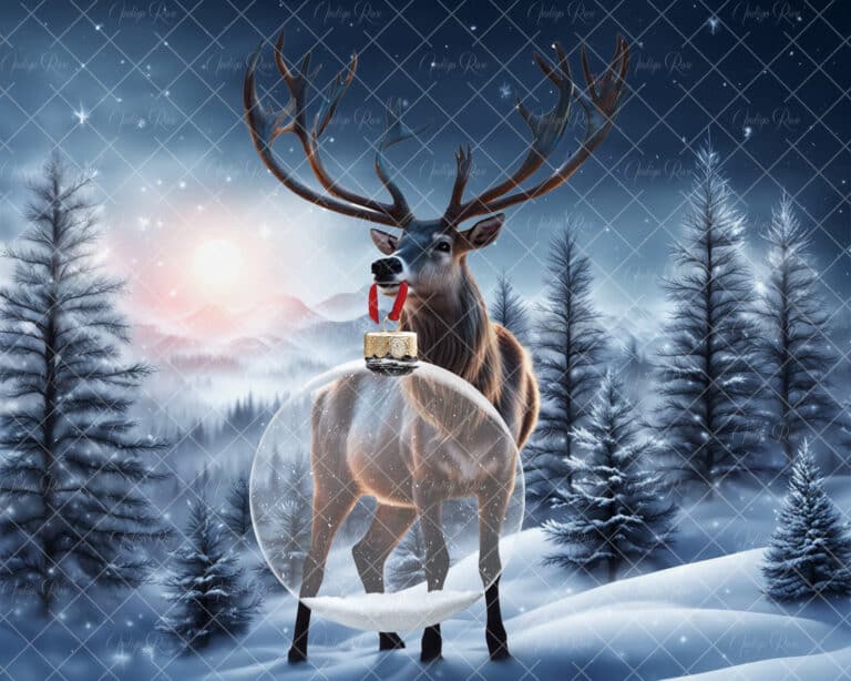 Christmas digital background, reindeer holding ornament