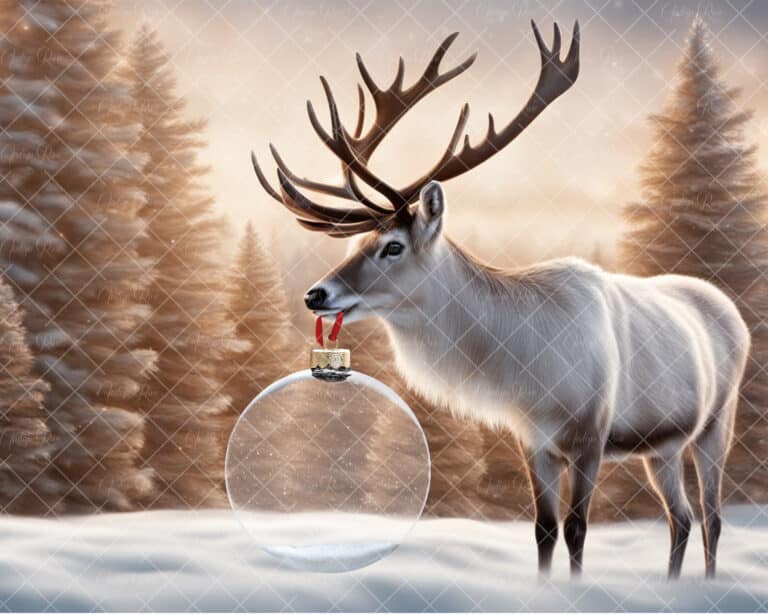 Christmas digital background, reindeer holding ornament