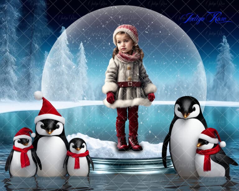 Christmas digital background, penguins with snow globe
