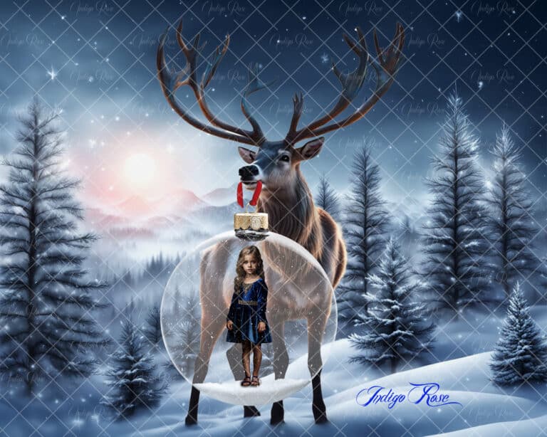Christmas digital background, reindeer holding ornament