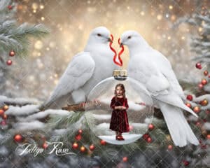 Christmas digital background, two doves holding ornament