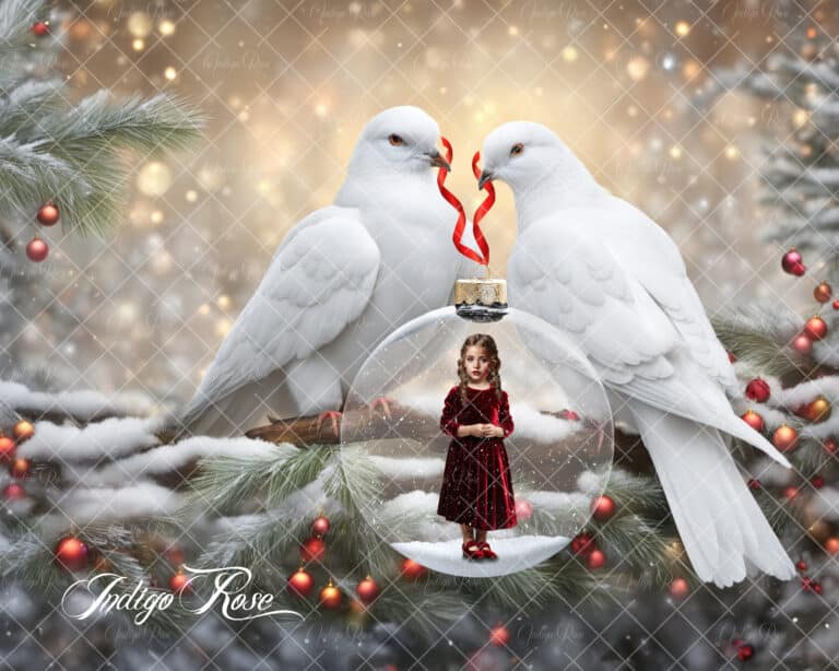 Christmas digital background, two doves holding ornament