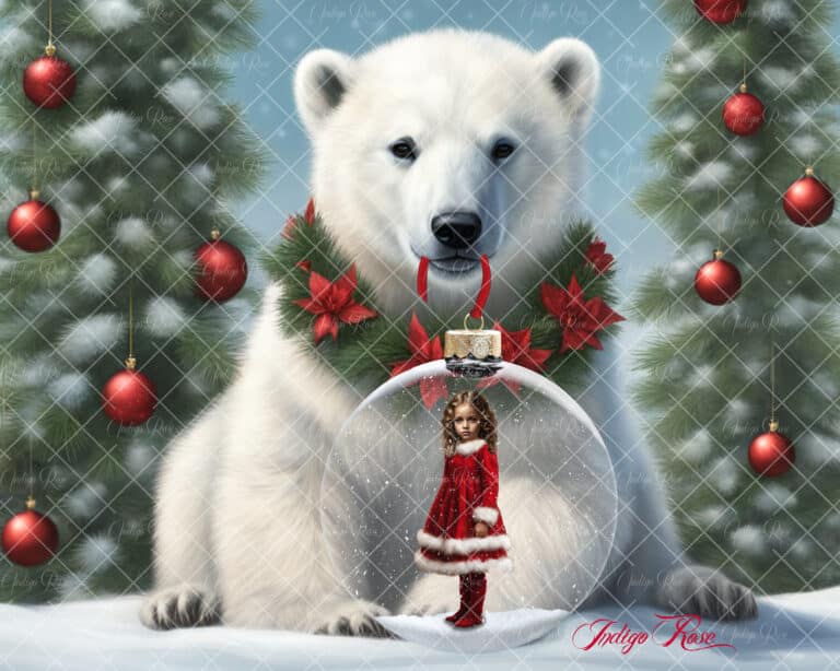 Christmas digital background, polar bear holding ornament