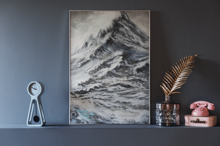 mockup featuring an art print placed on a shelf next to a small clock 35875 r el2 2
