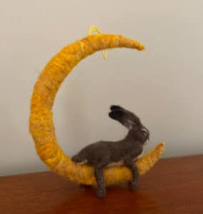 needle felt hare in the moon ornament