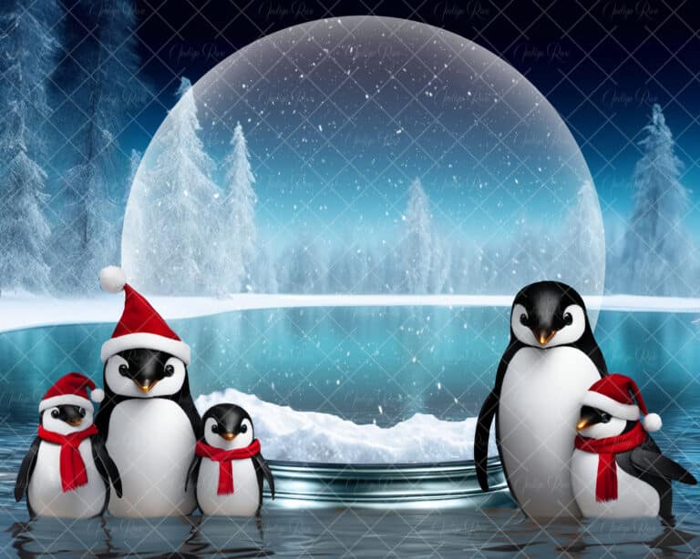 Christmas digital background, penguins with snow globe