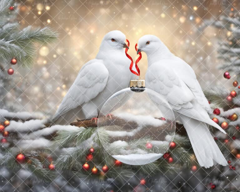Christmas digital background, two white doves holding ornament