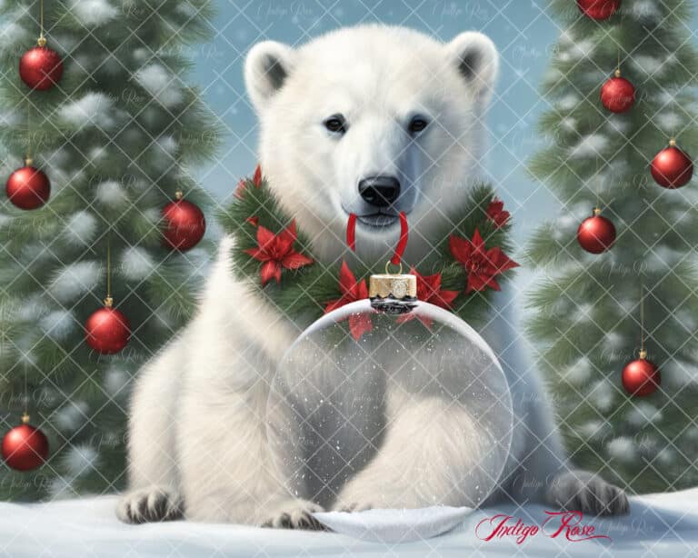 Christmas digital background, polar bear holding ornament