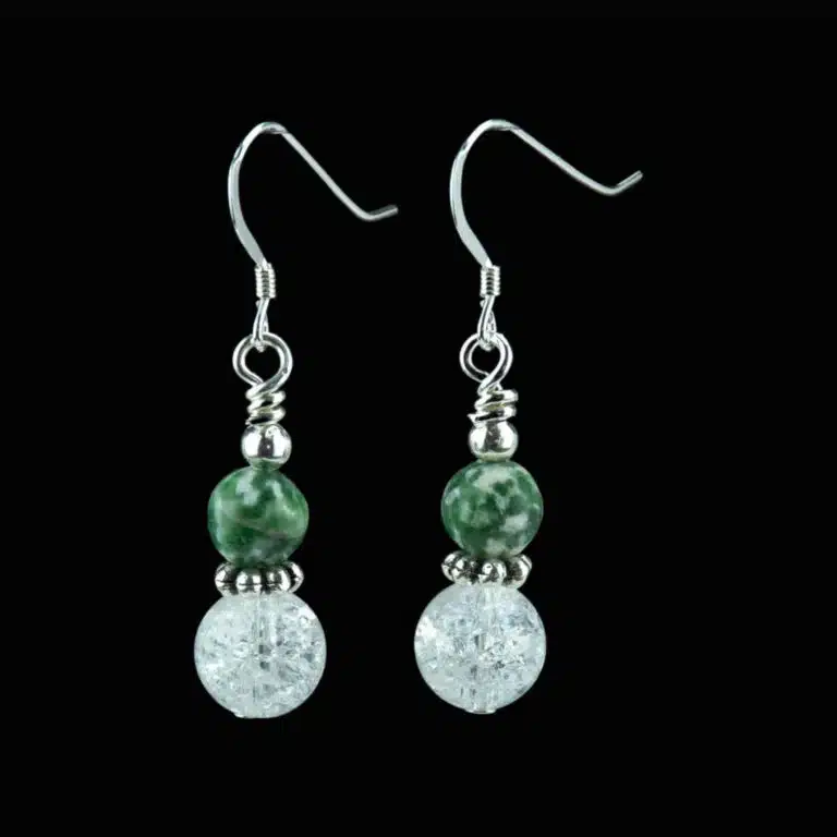 Green and white bead earrings with silver ear wires
