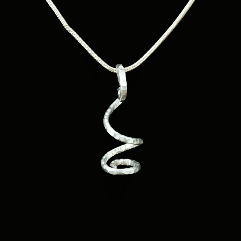 Silver colored abstract snake hanging from a silver chain.