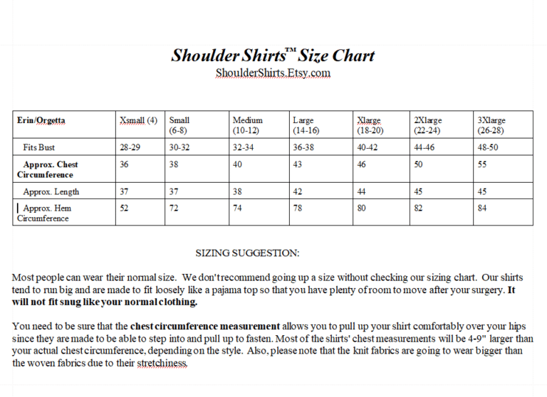Erin/Orgetta Sizing Chart