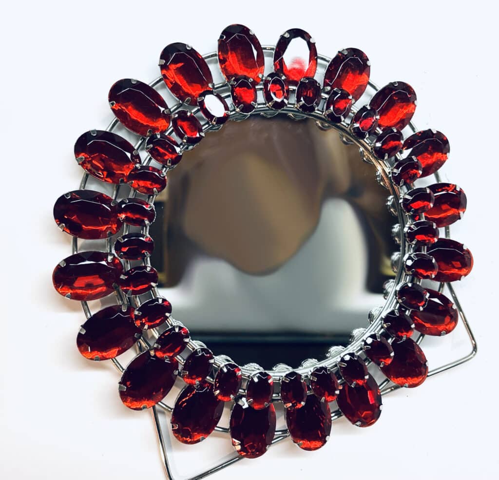 Round, Modern, Upcycled, Desktop Mirror, Table Top Mirror with Red Crystals - My Community Made