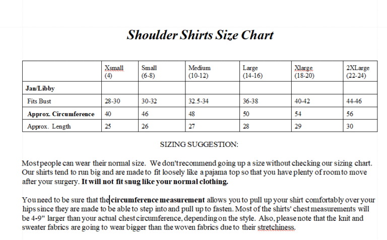 Libby/Jan Styles Sizing Chart