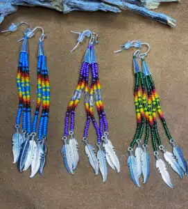 Native American Inspired Fringe Earring with silver feathers all colors