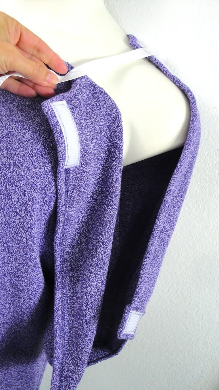 Purple French Terry post surgery shirt showing ribbon extension