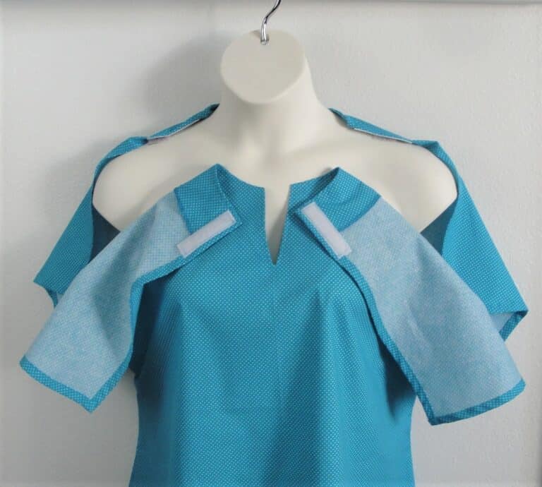 Turquoise Dot Gracie Post Surgery shirt with hook and loop fasteners