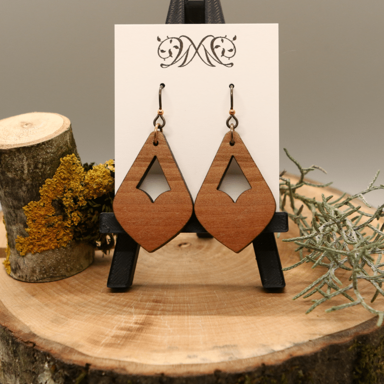 Pacific Madrone Heart Dangle Earrings - Laser Cut Natural Wood