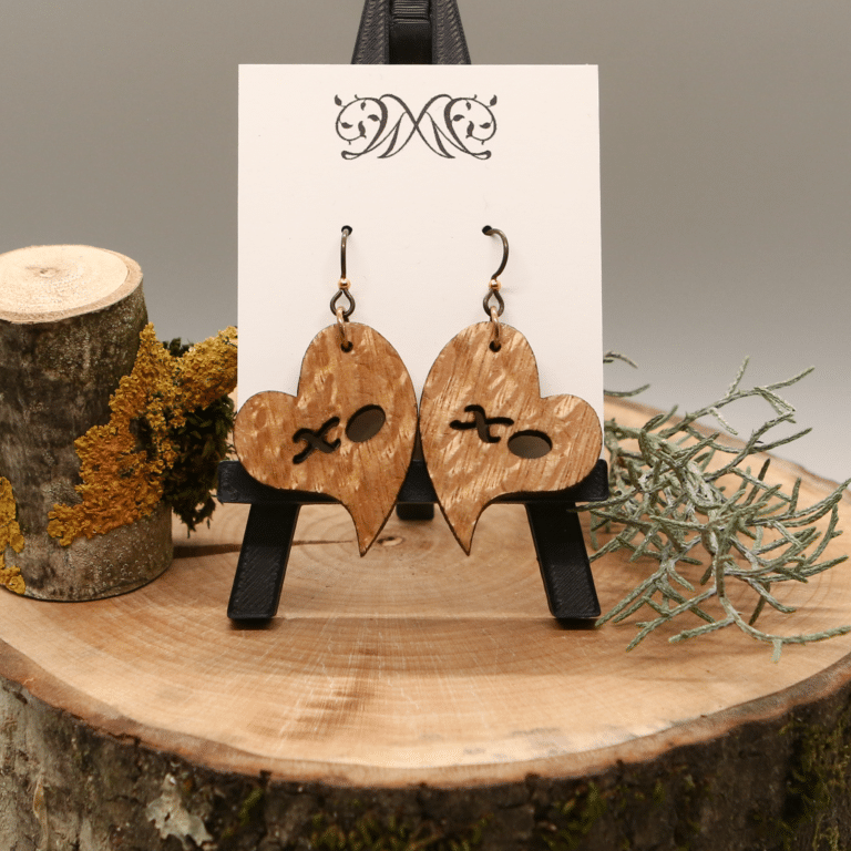 Lacewood XO Heart Dangle Earrings - Laser Cut Natural Wood