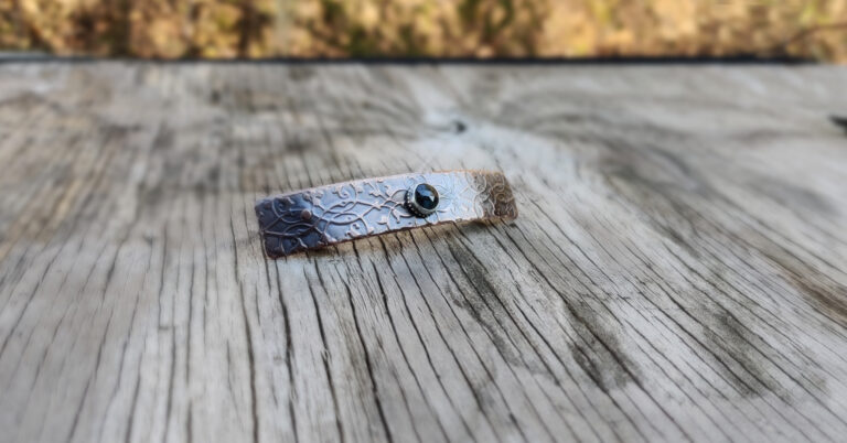 Copper barrette with a rose cut, teal moss kyanite stone