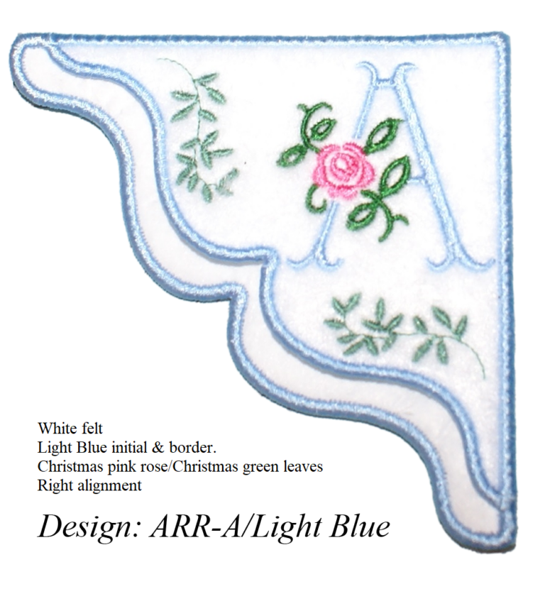 Image of Monogrammed Embroidered bookmark with Light blue Initial M with Pink Rose with Light Blue Border