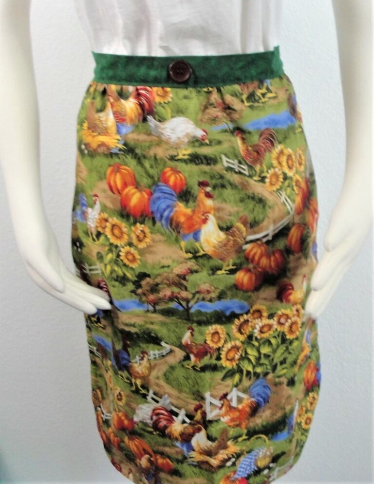 Green Chicken Barnyard gathering apron opened